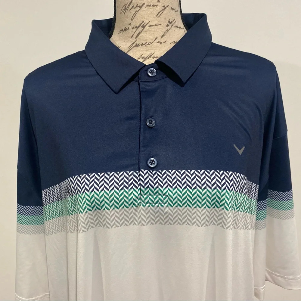 Callaway Opti-Dri Men’s XXL polo shirt golf Navy Blue White striped - Picture 2 of 7